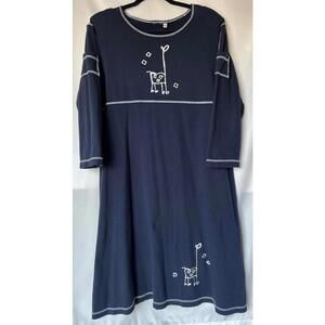 Navy Long Sleeve Dress With Whimsical Giraffe 100% Cotton Dress Size M